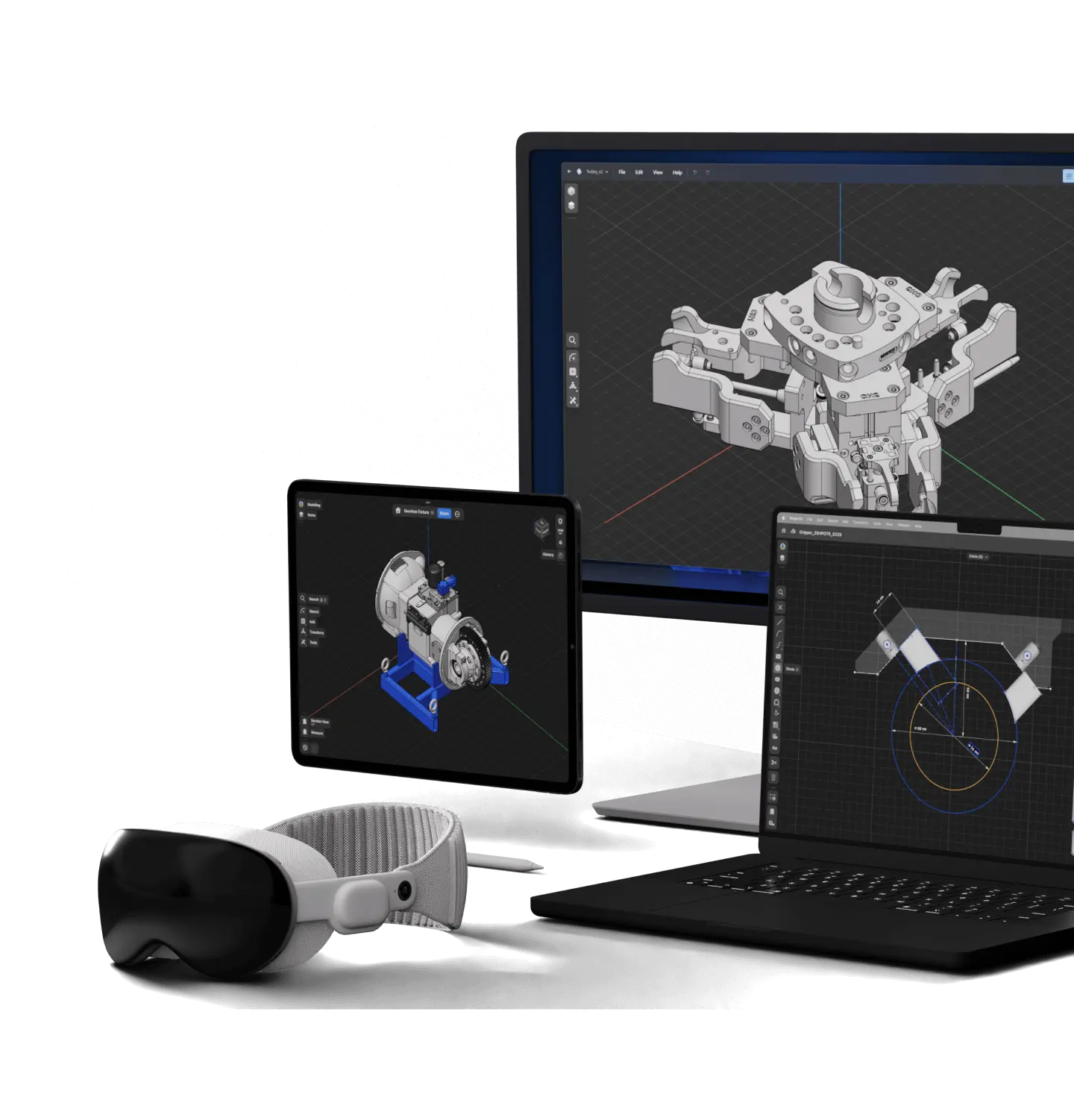 Shapr3D 多平台建模场景宣传图:桌面与移动端共享同一模型